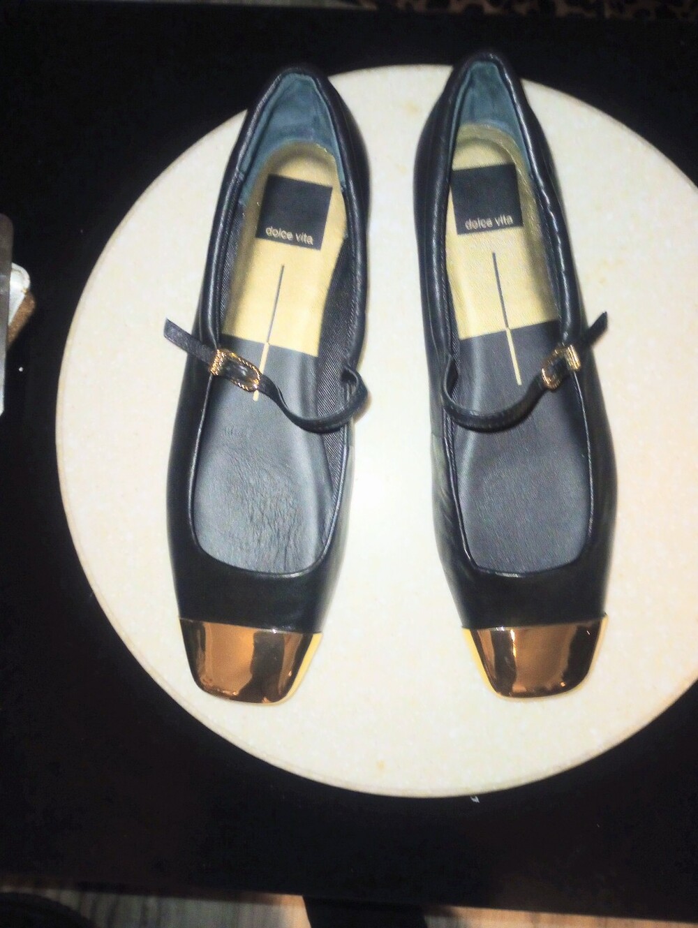 Dolce Vita Black Flats with Gold Cap Toe and Mary Jane Strap